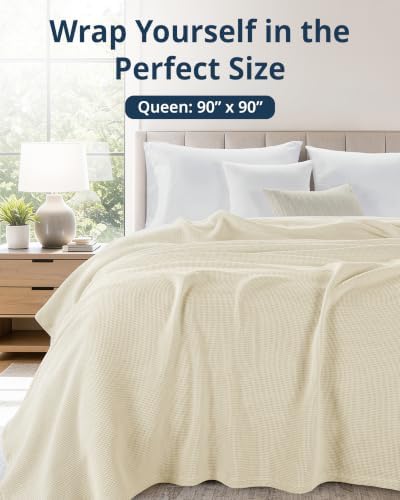 LANE LINEN Blankets Queen Size, 100% Cotton Waffle Textured - Sugar Swizzle - Image 3