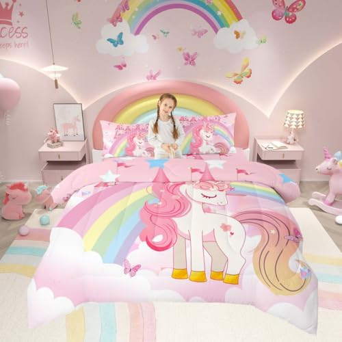 Erosebridal Girls Unicorn Bedding Set King Rainbow Princess Pink Unicorn Comforter Set Teens Kids Kawaii Cute Castle Stars Reversible Bed Sets Cartoon Horse Duvet Set Fantasy Girls Room Decor - Image 2