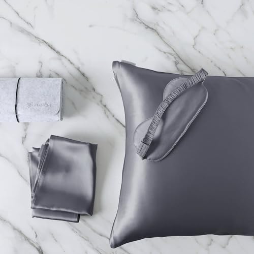 DISANGNI Silk Set: 22 Momme 100% Natural Mulberry Silk Pillow Case & Eye Mask Duo for Hair and Skin (1pc Standard Size 20" x26",Dark Gray Pillowcase Eye mask Set) by DISANGNI