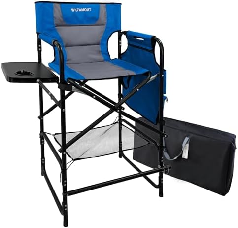 Tall Folding Directors Chair with Side Table 30.71" Seat Height Foldable Camping Chair Bar Stool for Makeup Artist Face Painting with Footrest and Storage Pocket Supports 350LBS by WKFAMOUTCAMP