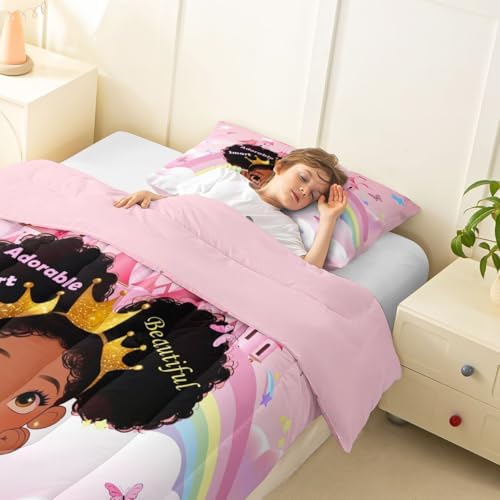 Erosebridal Black Girls Toddler Comforter Set Pink Rainbow Princess Bedding Set for Kids Nursery African American Quilt Set Black Princess Girl Duvet Insert Pretty Little Girls Inspirational Bed Set - Image 4