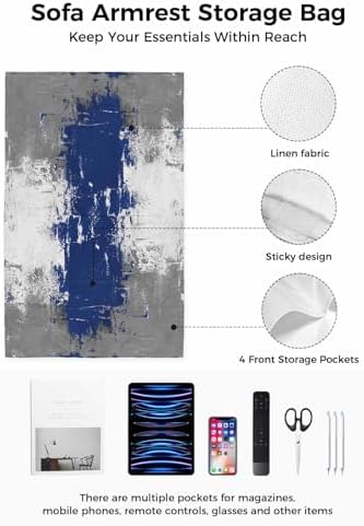 Sofa Armrest Organizer Bedside Caddy, Navy Blue Cement Gray Non Slip Couch Remote Control Holder for Recliner, Modern Abstract Art Blue Armchair Caddy with Pocket for Magazine, Phone, 19.7"x35" - Image 2