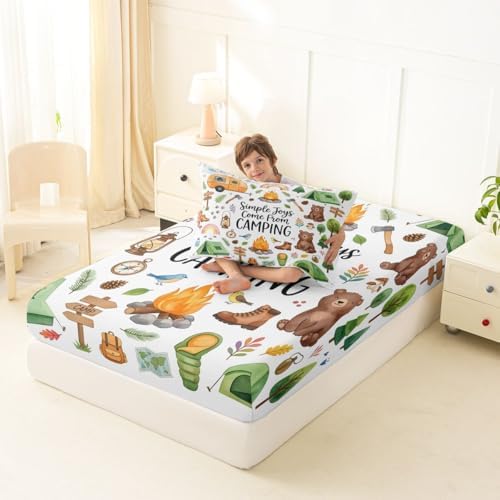 Erosebridal Forest Themed Camping Twin Fitted Sheet for Kids Girls Boys, RV Bunk Camper Outdoor Bedding Sets, Woodland Farmhouse Bear 2-Piece Bed Sheets Set, Travel Trailers Bedroom Decor - Image 2