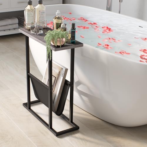 Yusong Narrow Side Table for Small Spaces, Small End Table with Magazine Holder, Skinny Slim Little Thin Table for Living Room, Bedroom, Sofa, Grey Oak - Image 4