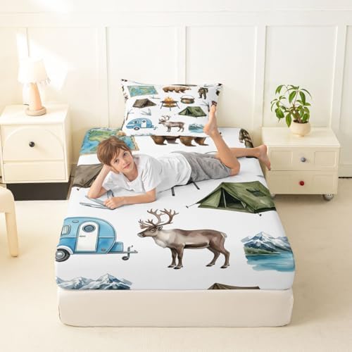 Erosebridal RV Camper Camping Twin Fitted Sheet, Hunting Deer Bear Bedding Set for Kids Girls Boys, Lakehouse Rustic Cabin Bed Sheets, Outdoor Travel Trailers Room Decor (No Top Sheet) - Image 3