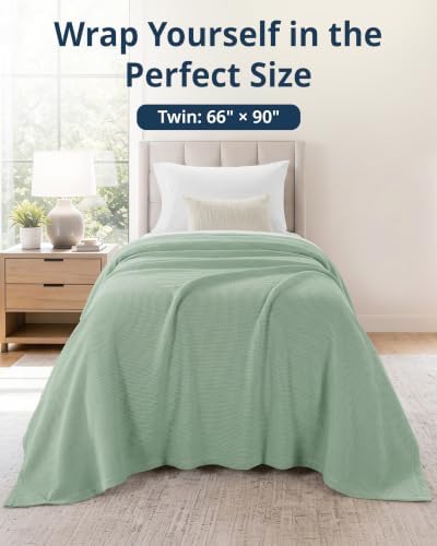LANE LINEN 100% Cotton Blanket Twin, 300 GSM Waffle Textured - Sage Green - Image 3