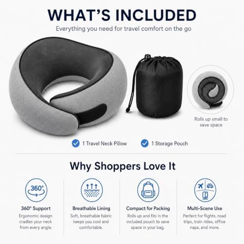 Travel Pillow for Airplane, Memory Foam Neck Pillow for Travel with Chin Support, Washable Cover & Storage Bag, Ergonomic 360° Neck Support for Long Flights, Car, Office, Home, Max Grey - Image 6