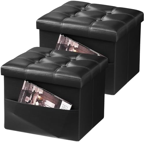 AmasSmile Ottoman with Storage,Folding Stool, 16" Leather,Black 2 Pack by AmasSmile