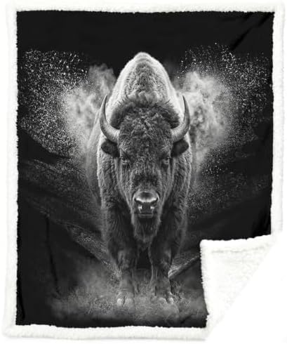Bison Blanket Motivational Sherpa Throw for Couch, Powerful Buffalo Design for Gym Office Decor, 60x80 Inches Soft Fuzzy Cozy Animal Black Blanket for Men Loft Space by Sleepwish