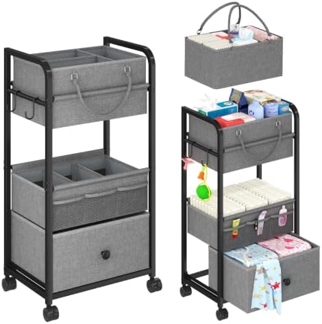 Cidaziya 3In1 Baby Diaper Caddy Organizer, 3 Tier Rolling Cart with Drawer, Detachable Dividers, Mobile Utility Cart Baby Dresser Clothes Organizer for Crib, Bedroom, Art & Craft Storage, Grey by Cidaziya