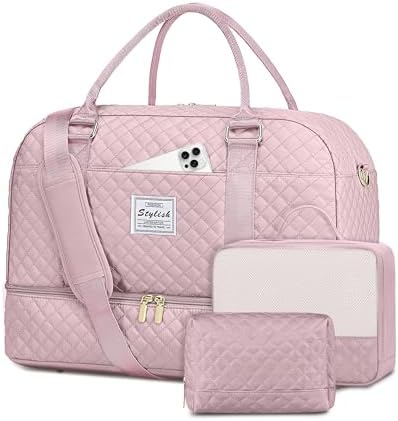 Travel Duffle Bag Weekender Bags: Pink Duffel Bag with Shoe Compartment Carry On Overnight Bag with Wet Pocket Yoga Gym Bags Hospital Bags for Labor and Delivery 3 Pcs Set by CAYINTOP