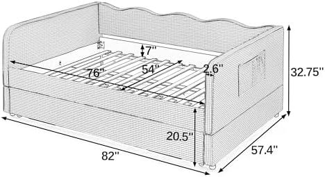 3 in 1 Full Daybed with Pop Up Trundle, Convertible Gingham Upholstered Sofa Bed with Side Storage Pockets, Extendable Guest Bed Frame for Teens Adults Bedroom Living Room, Pink - Image 3