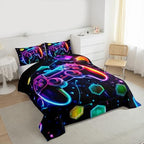 Boys Gaming Reversible Comforter Set Toddler Size,Video Games Gamepad Print Bedding Set Gamer Room Decor,Space Galaxy Glow Neon Hexagon Duvet Set with 1 Pillowcase,Polyester (Purple Blue) - Image 6
