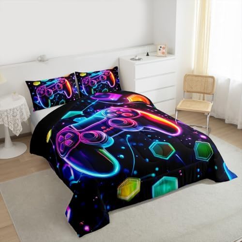 Boys Gaming Reversible Comforter Set Toddler Size,Video Games Gamepad Print Bedding Set Gamer Room Decor,Space Galaxy Glow Neon Hexagon Duvet Set with 1 Pillowcase,Polyester (Purple Blue) - Image 6