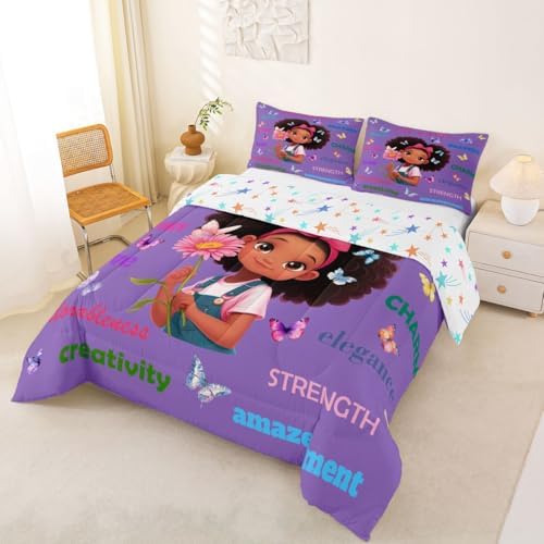 Erosebridal Black Girls Magical Comforter Set Butterflies Inspirational Quotes King Bedding Set African American Comforter Afro Pretty Girls Duvet Insert for Nursery Kids Princess Cute Room Decor - Image 3