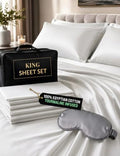 Luxury Tourmaline Infused 100% Egyptian Cotton King Size Sheet Set, 1000 Thread Count Sateen, Deep Pocket – Fitted & Flat Sheet, 2 Pillowcases + Sleep Mask, Gift Storage Case, White by ECOHEAL
