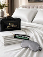 Luxury Tourmaline Infused 100% Egyptian Cotton King Size Sheet Set, 1000 Thread Count Sateen, Deep Pocket – Fitted & Flat Sheet, 2 Pillowcases + Sleep Mask, Gift Storage Case, White by ECOHEAL