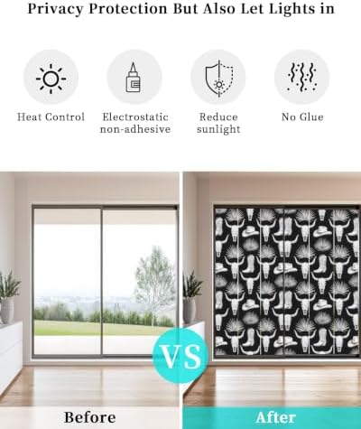Window Privacy Film Frosted, Horror Skulls Non-Adhesive Static Cling Window Tint, Southwestern Horns Boho Tribal Hats Boots Insulated Windows Frosted Films for Living Room, 35.4 x 78.7 Inches - Image 6