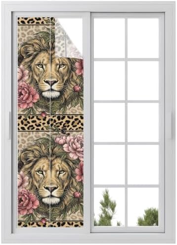 Window Privacy Film Frosted, Lion Print Reusable Static Cling Window Tints, Vintage Peony Flower Chic Wild Animals Texture Heat Control Windows Films for Offices, Balcony, 29.5 x 118 Inches by Unknown