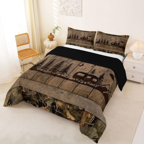 Erosebridal Camping Cabin Full Comforter Set Rustic Camo Rv Bedding Set Camouflage Camper Car Comforter for Kids Boys Girls Woodland Mountain Pine Trees Quilt Duvet - Image 3