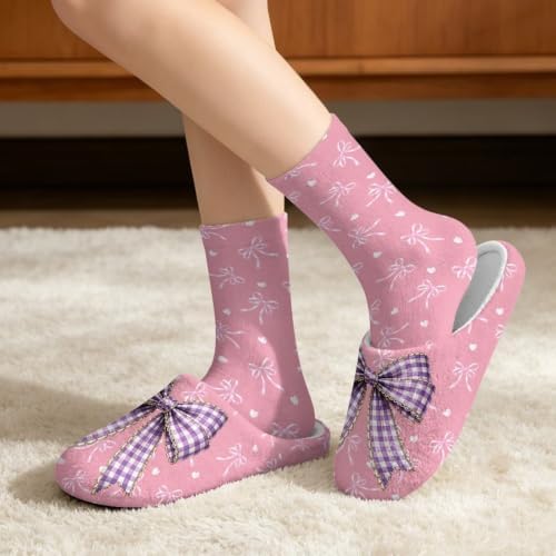 Jeiento Women's Fuzzy Slippers and Sock Set Warm Cozy Memory Foam House Shoes Soft Slip-on Slides Spa Slippers for Hotel - Image 2