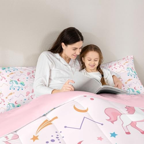 Erosebridal Girls Unicorn Toddler Comforter Set Pink and Blue Unicorns Bedding Set for Kids Child Stars Astrology Comforter Fantasy Girls Room Decor Cartoon Unicorn Horse Quilt Kawaii Bed Set - Image 6