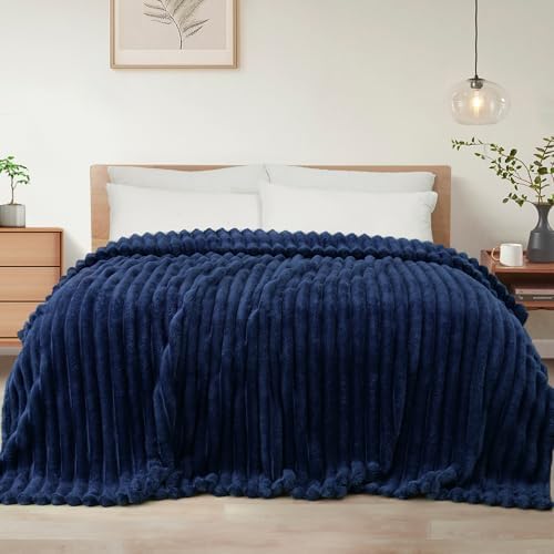 Exclusivo Mezcla Striped King Size Fleece Blanket for Bed, Navy Blue by ExclusivoMezcla