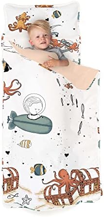JumpOff Jo Extra Long Nap Mat for Kids - Cozy Kids Rest Mat with Removable Pillow and Ultra Soft Blanket for Preschool, Daycare, and Sleepovers - Octopus Treasure by JumpOffJo