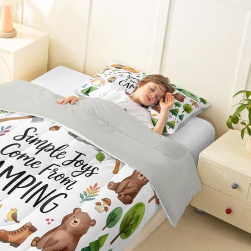 Erosebridal Forest Themed Camping Toddler Size Comforter Set, RV Bunk Camper Outdoor Kids Bedding Set for Girls Boys, Woodland Farmhouse Bear 2-Piece Bed Sets, Travel Trailers Room Decor - Image 5