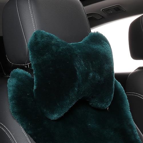 Fluffy Car Headrest Pillow Furry Long Wool Lumbar Auto Head Neck Support Pillow Cushion Natural Luxury Fur Warm Soft Comfort Winter (Dark Green, Shearling Wool) - Image 3