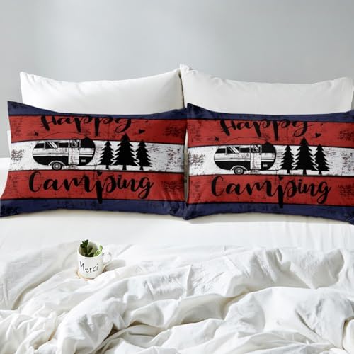 Happy Camping Duvet Cover Full Size 3 Pcs Retro Blue Red White Wooden Stripes Bedding Set for Kids Teens Adults Cartoon RV Trees Rustic Farmhouse Style Comforter Cover with 2 Pillowcases(No Comforter) - Image 4