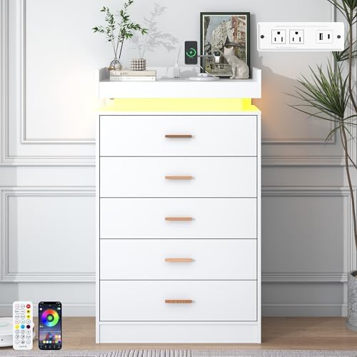 jiteentarou 5 Drawer Dresser with Charging Station and LED Lights, Modern Chest of Drawers with Power Outlet, Organizer Cabinet for Bedroom, Living Room, Entryway, White - Image 3