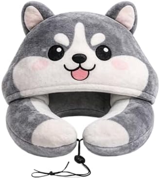 Animal Hooded Travel Neck Pillow U-Shaped Nap Cushion Lightweight with Cute Animal Design Washable Cover. (Husky) by Unknown