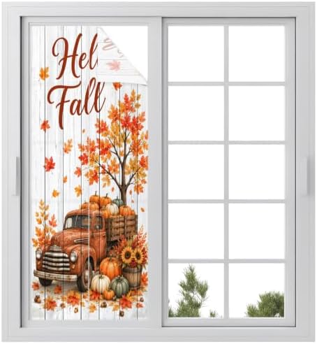 Window Privacy Film Frosted, Thanksgiving Static Cling Door Window Covering, Fall Orange Car Pumpkin Maple Wood Grain UV Blocking Windows Film for Office, Hotel, Bedroom, 29.5 x 78.7 Inches by Unknown
