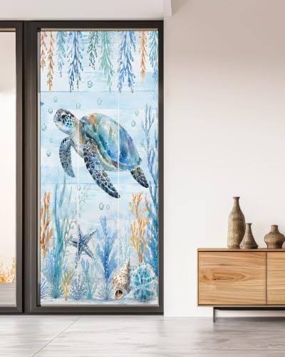 Window Privacy Film Frosted, Sea Turtle Coastal Non-Adhesive Static Cling Window Tint, Blue Ocean Coral Summer Beach Seaweed Insulated Windows Frosted Films for Living Room, 35.4 x 78.7 Inches - Image 5