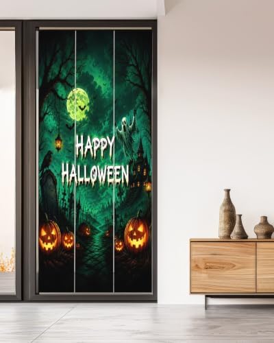 Window Privacy Film Frosted, Halloween Non-Adhesive Static Cling Window Tint, Green Spooky Pumpkin Ghost Moonlight Castle Insulated Windows Frosted Films for Living Room, 35.4 x 78.7 Inches - Image 5