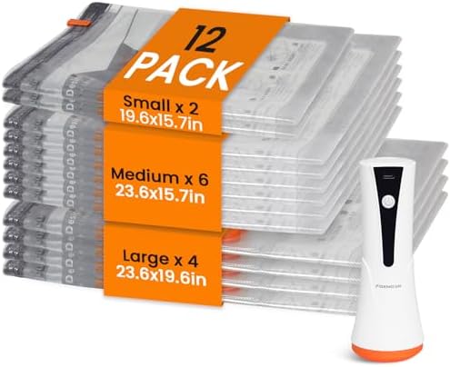Vacuum Seal Bags for Clothing Travel with Rechargeable Cordless Pump, 12 Pack Compression Space Saver Bags for Packing, Luggage and Seasonal Storage by Foxmoon