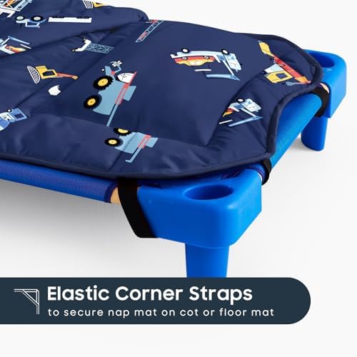 Wake In Cloud - Cot Nap Mat with Pillow and Blanket, 100% Cotton Fabric, for Toddler Kids Boys Ages 3 Plus in Daycare Kindergarten Preschool with Elastic Corner Straps, Cars Cranes Trucks - Image 5