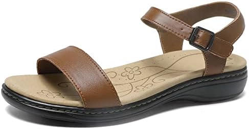Women's Classic Flat Sandals Leather Open Toes Memory Foam One Band Ankle Strap Adjustable Slip On Shoes by Jofofun