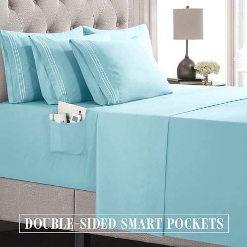 Elegant Comfort Luxury Soft 6-Piece 1500 Premium Hotel Quality Bed Sheet Set with Extra Deep Pockets 18-24 Inch, Wrinkle Free, Storage Pockets, Extra Deep Pocket 6PC Sheets, Queen, Aqua Blue - Image 5