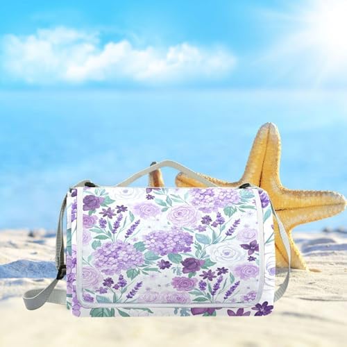 MNSRUU Picnic Blanket Waterproof Foldable, Rose Hydrangea Flowers in Purple Large Outdoor Picnic Beach Camping Blanket Travel Mat, Shoulder Strap Tote, Rectangle 57x59in - Image 6