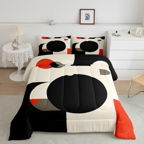 Erosebridal Retro Red Black and Gray Comforter Set Twin Size,Abstract Geometric Aesthetic Bedding Set for Kids Adults Bedroom Decor,Circle Square Quilt Bed Set Down Comforter 2Pcs - Image 2