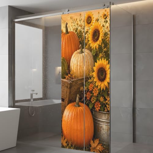Window Privacy Film Frosted, Fall Pumpkins Static Cling Door Window Covering, Thanksgiving Autumn Sunflowers Orange UV Blocking Windows Film for Office, Hotel, Bedroom, 29.5 x 78.7 Inches - Image 5