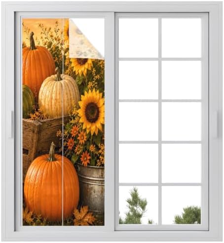 Window Privacy Film Frosted, Fall Pumpkins Static Cling Door Window Covering, Thanksgiving Autumn Sunflowers Orange UV Blocking Windows Film for Office, Hotel, Bedroom, 29.5 x 78.7 Inches by Unknown