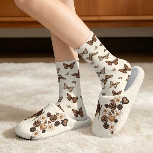 Jeiento Fuzzy Slippers and Crew Sock Set for Women Men Couple Warm Cozy Memory Foam House Shoes Soft Slip-on Slides for Home,Travel - Image 2
