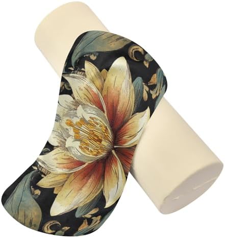 Boho Water Lily Flower Black Neck Roll Pillow Bolster Round Health Memory Foam Long Cervical Cylinder Pillows with Removable Washable Cover for Body Bed Legs Back Yoga - Image 3