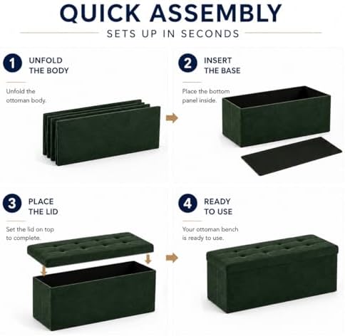 ALASDO 43 Inch Folding Storage Ottoman Bench with Hidden Storage, Velvet Storage Ottoman Foot Rest Stool, End of Bed Bench for Bedroom, Living Room, Entryway and Closet, Dark Green - Image 4