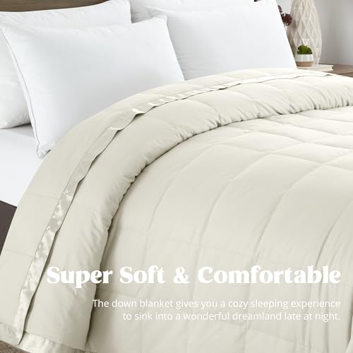puredown® Blankets Queen Size - Soft Lightweight Down Blanket for Bed, Cozy Warm Luxury Bed Blanket with Satin Trim, Ivory (90"X90") - Image 3