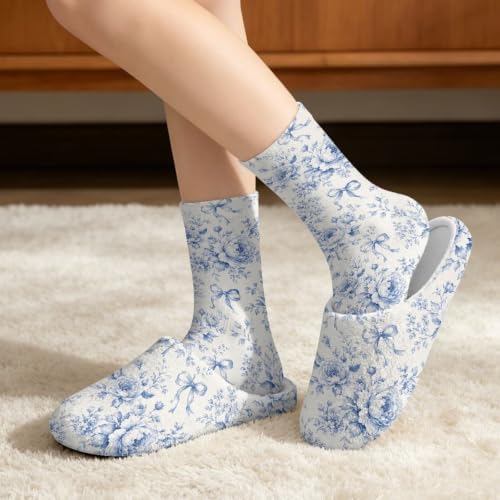 Toile de Jouy Fuzzy Slipper with Socks for Women Cozy Slipper Indoor - Image 2