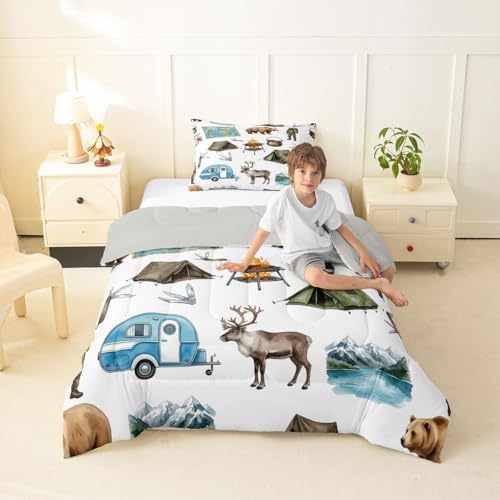 Erosebridal RV Camper Camping Kids Bedding Set Toddler Size, Hunting Deer Bear 2 Piece Bed Set for Girls Boys, Lakehouse Rustic Cabin Comforter Sets, Outdoor Travel Trailers Bedroom Decor - Image 2